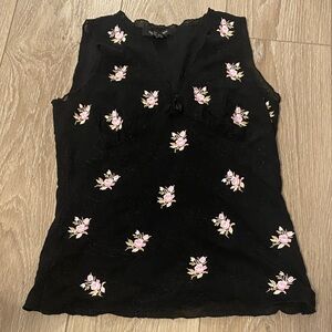 Floral Embroidered Black Sleeveless Top